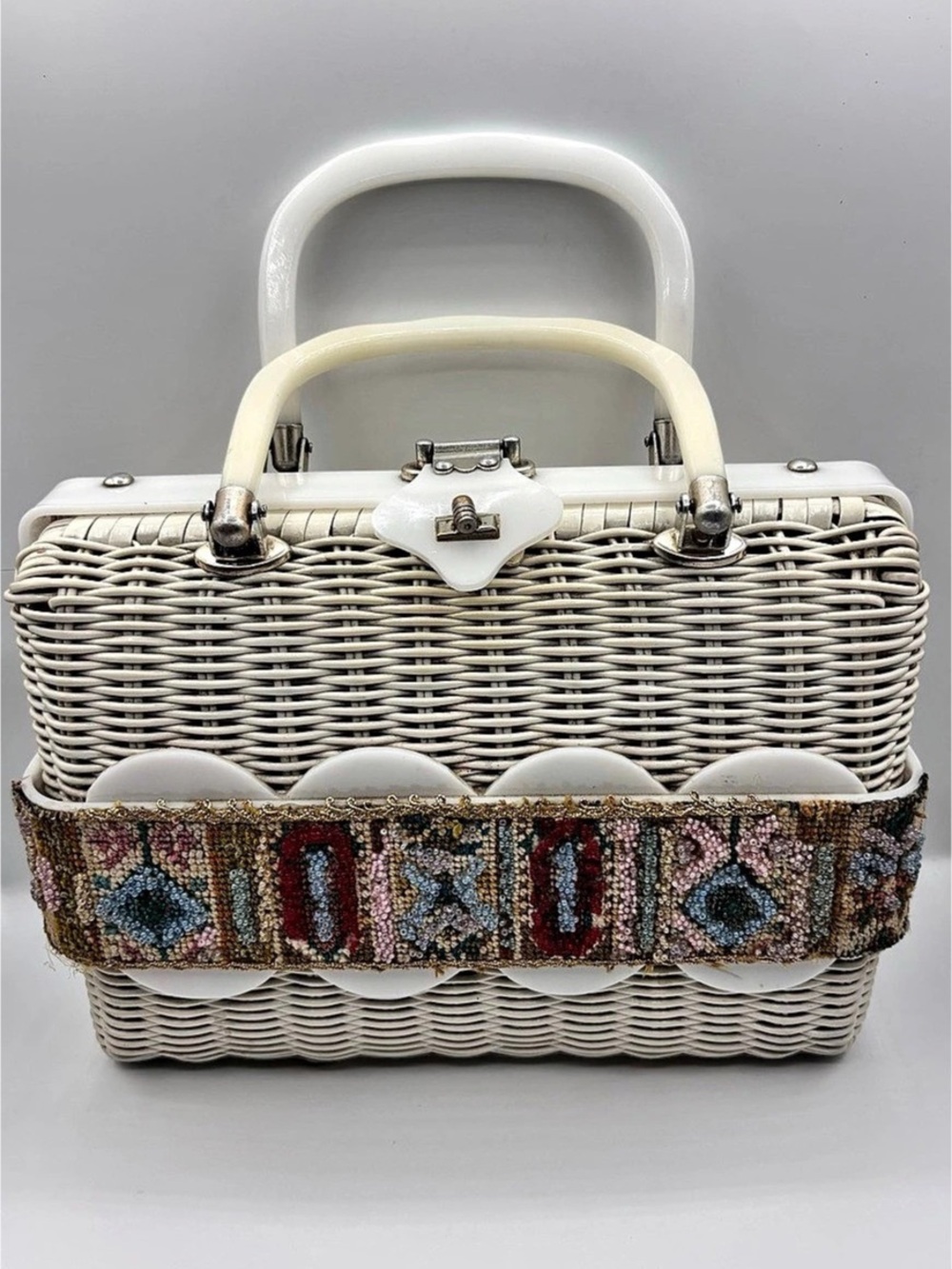 Vintage Miami Tropics Wicker Box Purse with Lucite